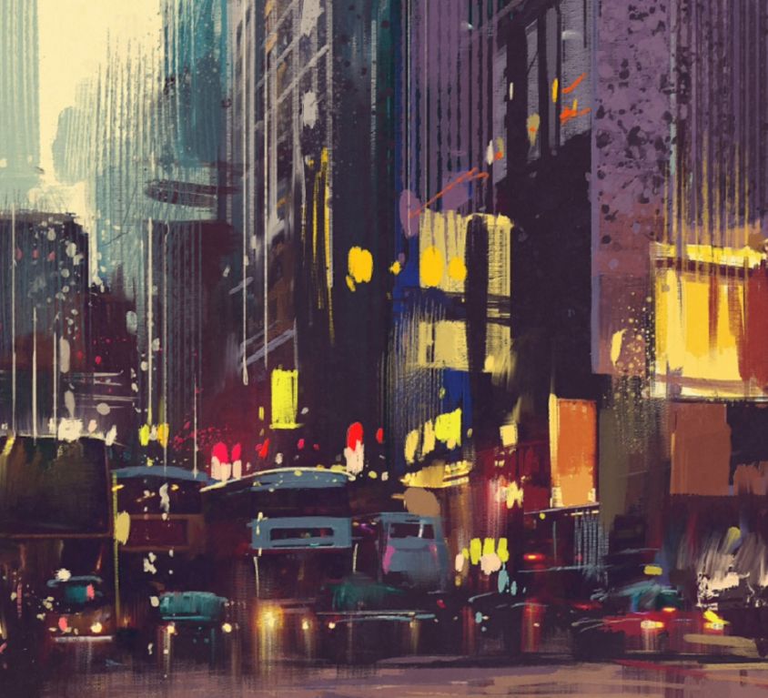 City traffic and colorful light in Hong Kong,illustration painting