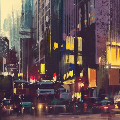City traffic and colorful light in Hong Kong,illustration painting
